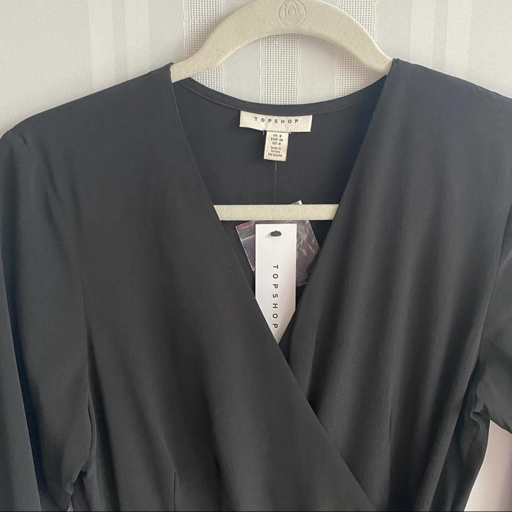 Topshop 3/4 Sleeve Belted Wrap Mini Dress Black Size 4 Small V-Neck Party - Picture 4 of 10